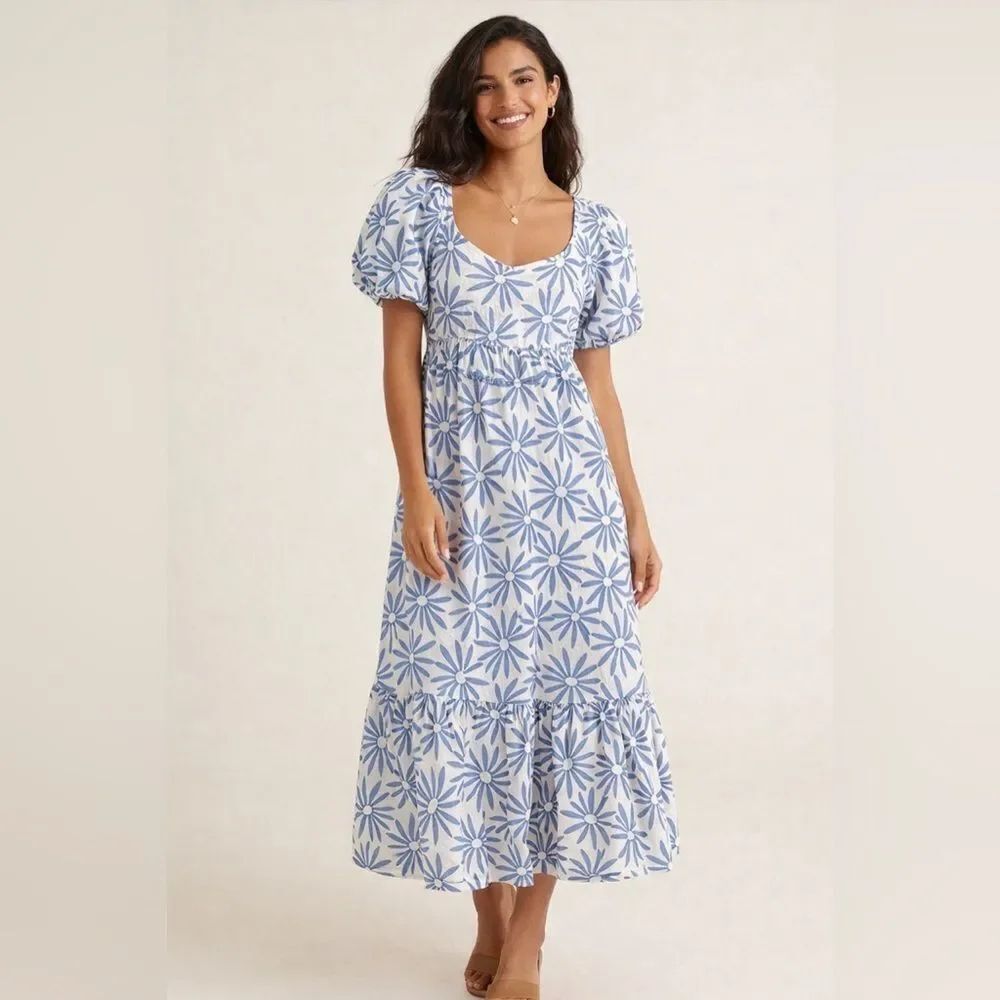 Polo Ralph Lauren Blue Daisy Linen Midi Dress Puff Sleeve Cottagecore Size 6